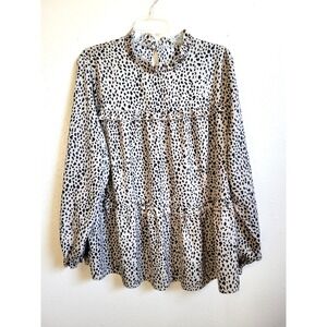 Women's‎ Ruffle Neck Long Sleeve Tiered Blouse in Dotted Print Babydoll   Size L